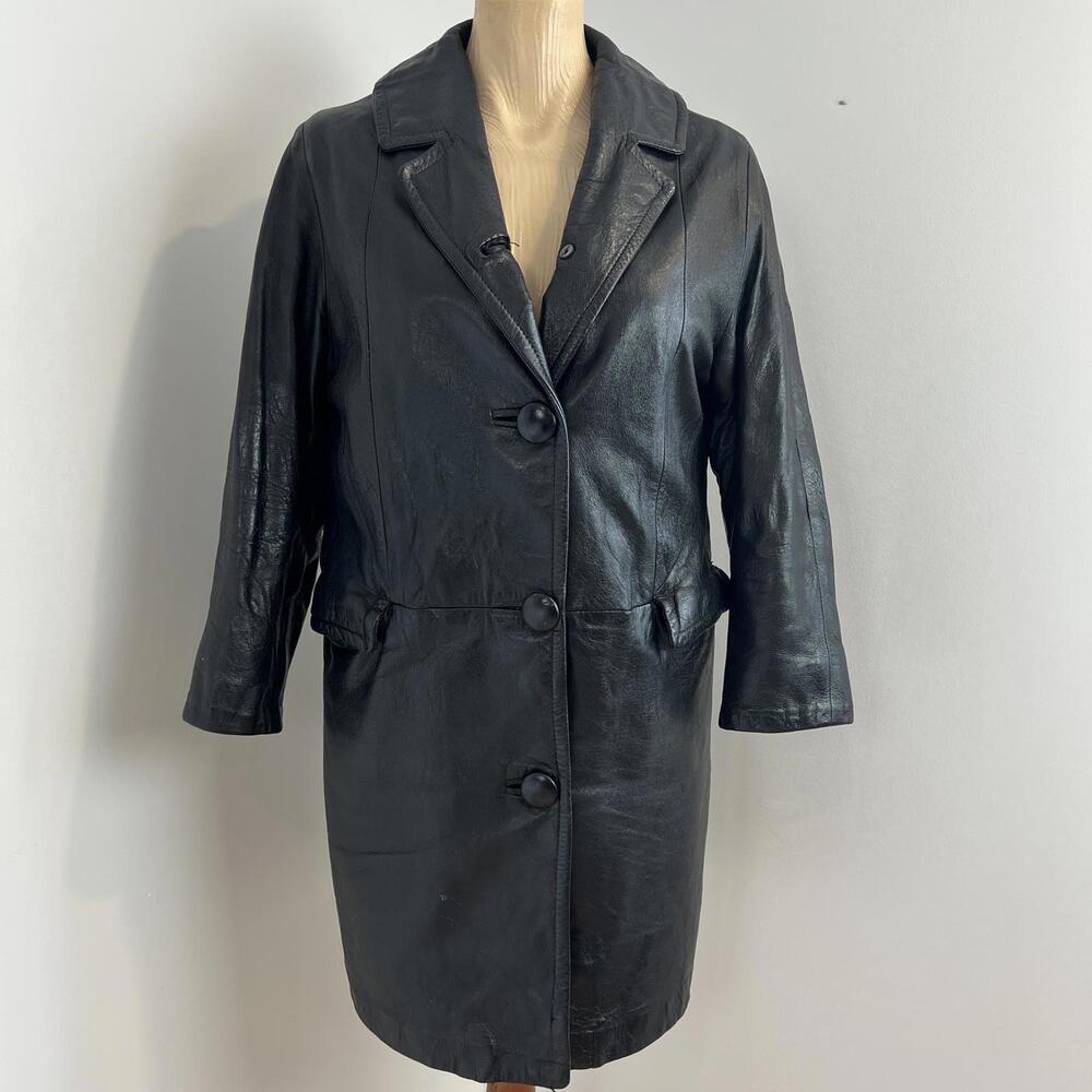 Vintage Women's Size Small/Medium Black Leather Trench Coat Jacket Large Buttons